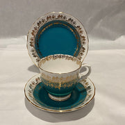 Staffordshire Teal and Gold Flower Pattern Trio