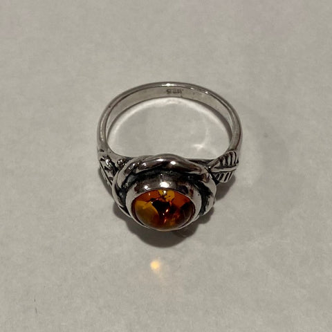 Sterling Silver Amber Ring with Ferns